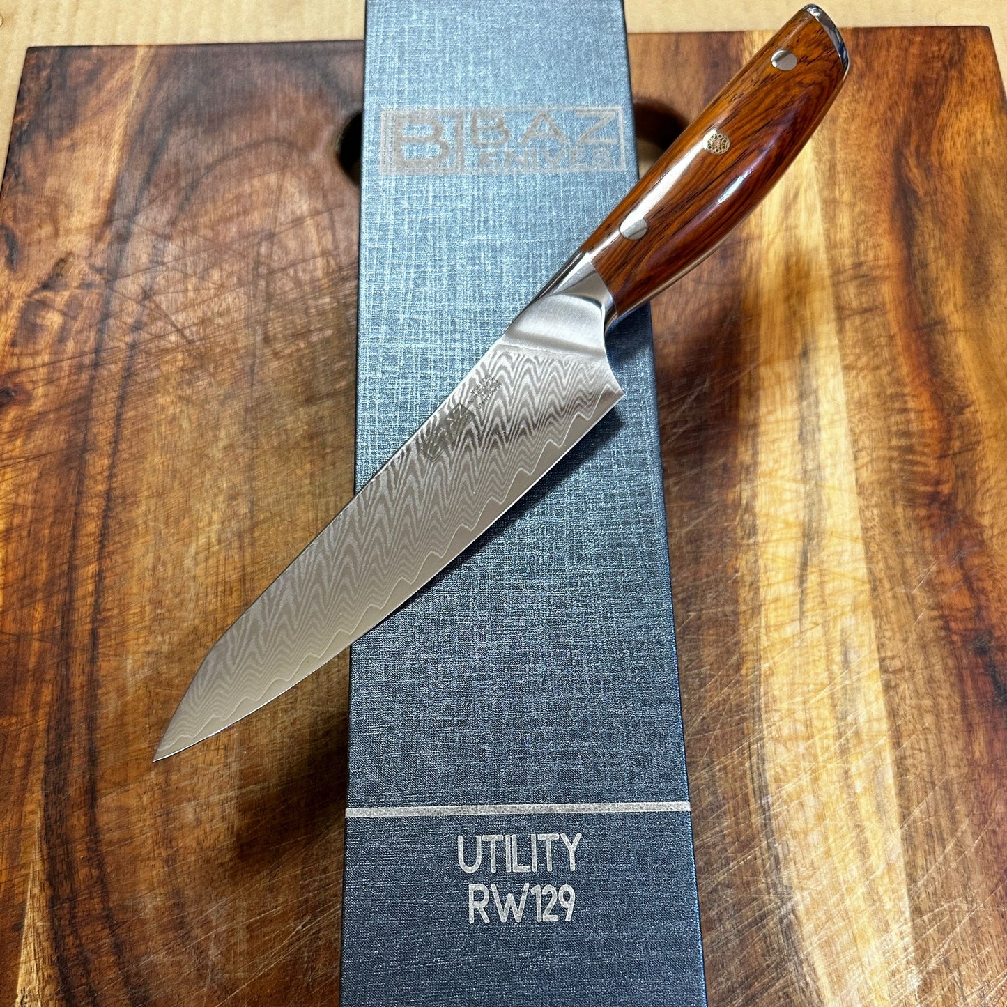 The Mini BAZ™ 5" Utility Knife: VG-10 + Damascus with Rosewood Handle [RW129]
