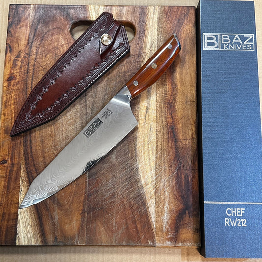 The 8.3" BAZ™ Chef Knife: VG-10 + Damascus with Rosewood Handle [RW212] + Leather Sheath